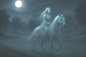 AI-generated image of a ghostly woman on a horse on a golf course on a foggy moonlit night