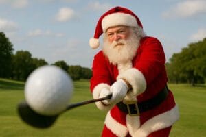 AI image of Santa Claus hiting a golf ball
