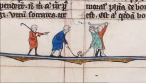 Illustration found in a 13th-century manuscript in the Bruges, Belgium, Public Library