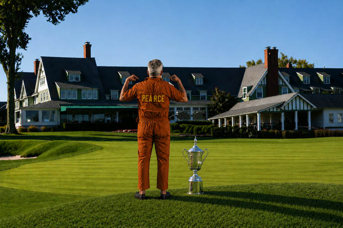 photo illustration of a caddie at Oakmont Country Club